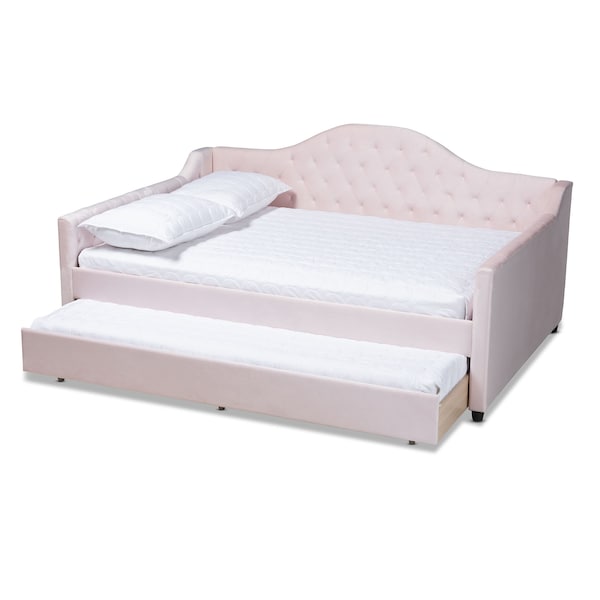 Baxton Studio Perry Pink Velvet Upholstered and Tufted Full Size Daybed with Trundle - 156-9446