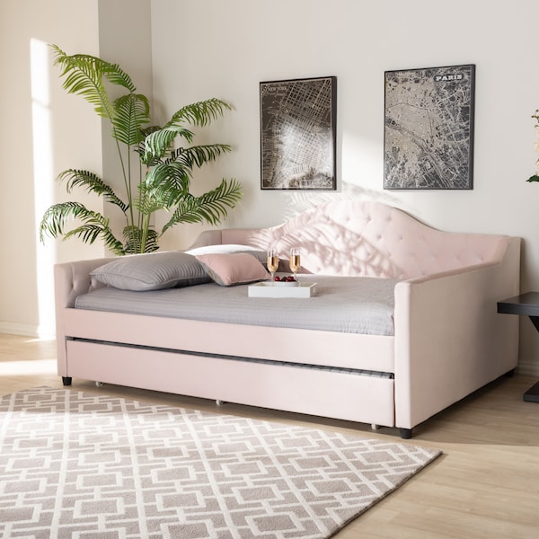 Baxton Studio Perry Pink Velvet Upholstered and Tufted Full Size Daybed with Trundle - 156-9446