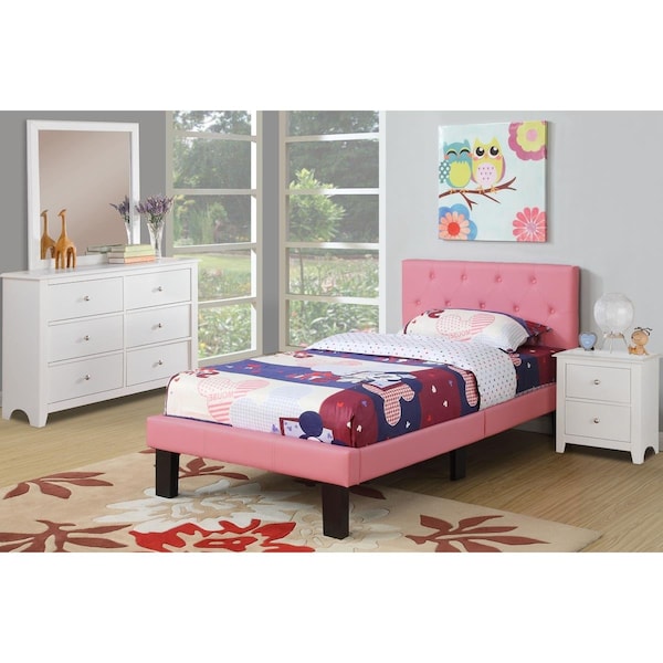 Poundex Upholstered Bed Frame with Slats in Pink Faux Leather - Twin Size - F9417T