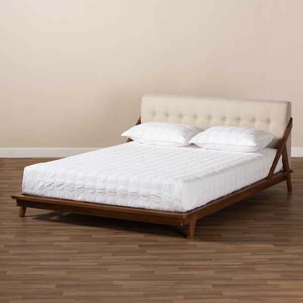 Baxton Studio Sante Mid-Century Beige Upholstered Wood Queen Size Platform Bed - 156-9291