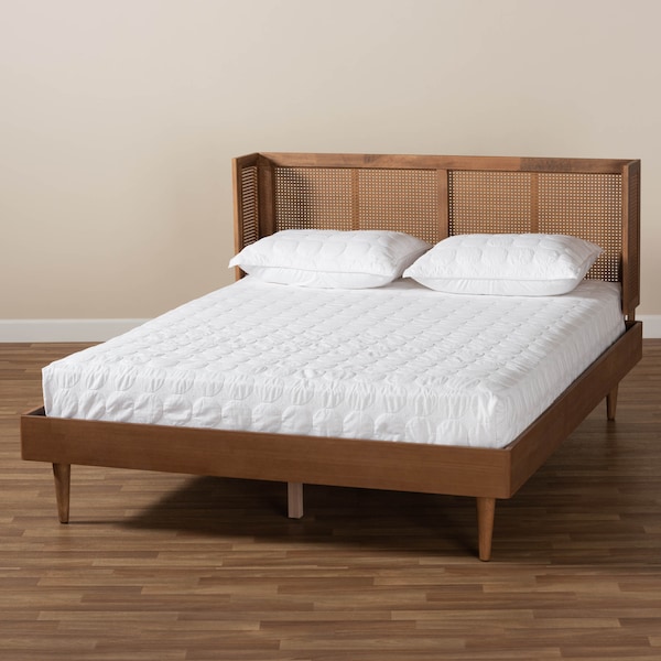 Baxton Studio Rina Walnut Finished and Rattan Queen Size Platform Bed with Headboard - 159-9814-9815