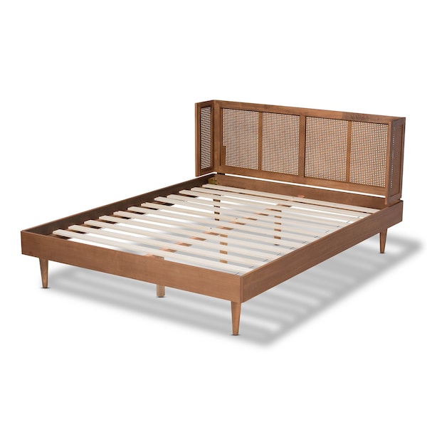Baxton Studio Rina Walnut Finished and Rattan Queen Size Platform Bed with Headboard - 159-9814-9815