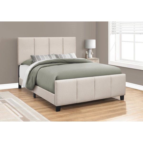 Monarch Specialties Bed, Queen Size, Platform, Bedroom, Frame, Upholstered, Linen Look, Wood Legs, Beige, Black - I 6026Q