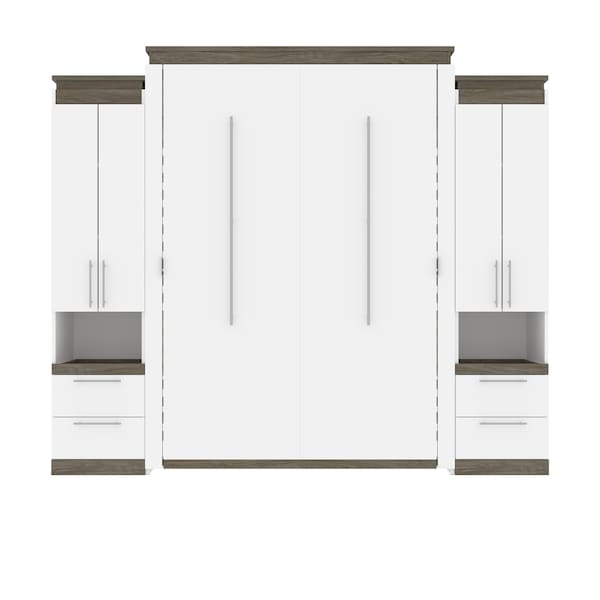 Bestar Orion 104W Queen Murphy Bed and 2 Storage Cabinets with Pull-Out Shelves (105W), White & Walnut Grey - 116889-000017