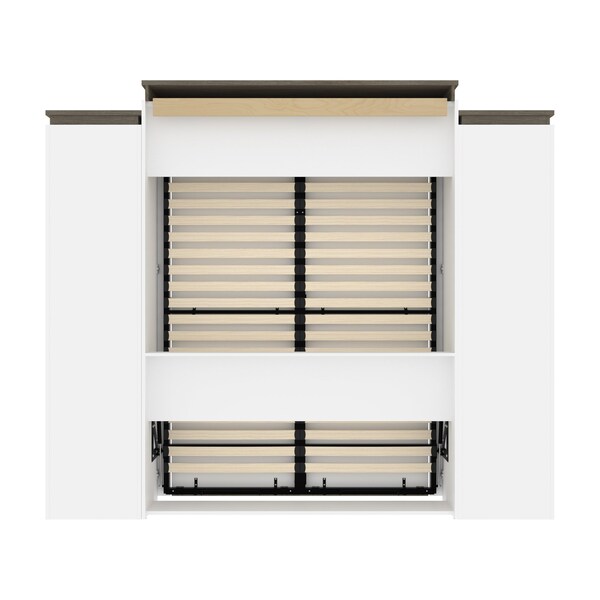 Bestar Orion 104W Queen Murphy Bed and 2 Storage Cabinets with Pull-Out Shelves (105W), White & Walnut Grey - 116889-000017