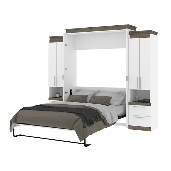 Bestar Orion 104W Queen Murphy Bed and 2 Storage Cabinets with Pull-Out Shelves (105W), White & Walnut Grey - 116889-000017