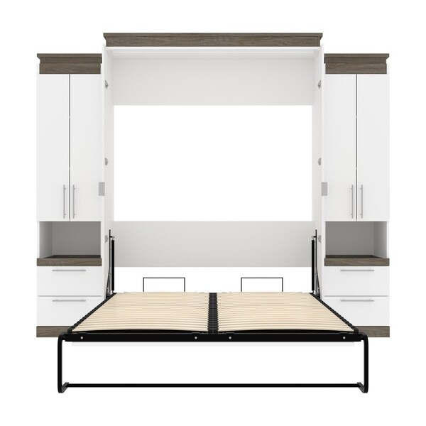 Bestar Orion 104W Queen Murphy Bed and 2 Storage Cabinets with Pull-Out Shelves (105W), White & Walnut Grey - 116889-000017