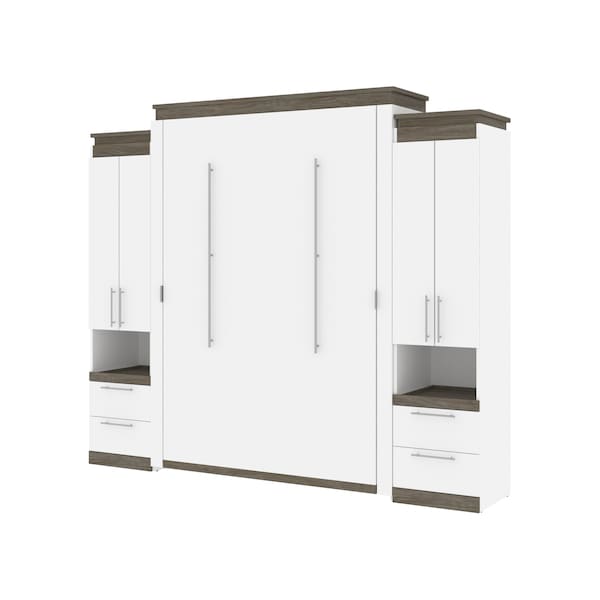 Bestar Orion 104W Queen Murphy Bed and 2 Storage Cabinets with Pull-Out Shelves (105W), White & Walnut Grey - 116889-000017