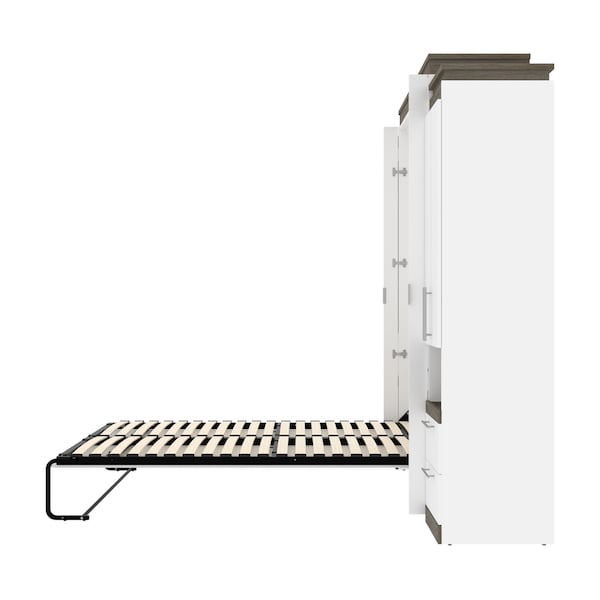Bestar Orion 104W Queen Murphy Bed and 2 Storage Cabinets with Pull-Out Shelves (105W), White & Walnut Grey - 116889-000017