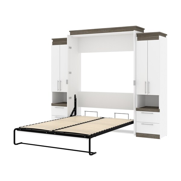 Bestar Orion 104W Queen Murphy Bed and 2 Storage Cabinets with Pull-Out Shelves (105W), White & Walnut Grey - 116889-000017