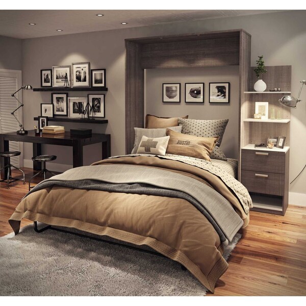 Bestar Cielo Queen Murphy Bed with Floating Shelves (85W), Bark Grey & White - 80887-47