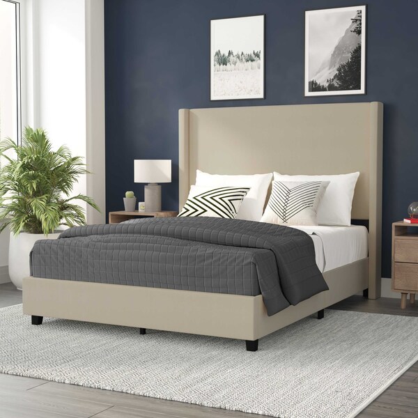 Flash Furniture Beige Queen Platform Bed with Tufted Headboard - YK-1077-BEIGE-Q-GG