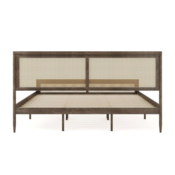 Martha Stewart Jax King Size Solid Wood Platform Bed w/Rattan Headboard and Footboard, Brown Gray - MG-090022-K-WOAK-MS