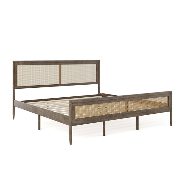 Martha Stewart Jax King Size Solid Wood Platform Bed w/Rattan Headboard and Footboard, Brown Gray - MG-090022-K-WOAK-MS