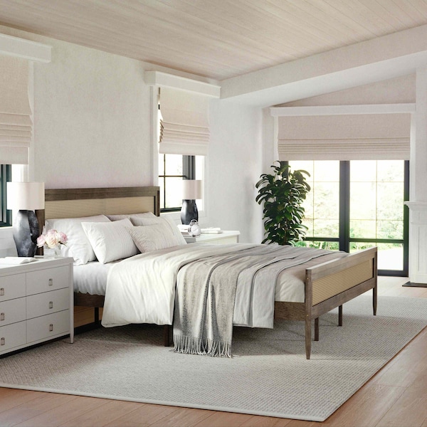 Martha Stewart Jax King Size Solid Wood Platform Bed w/Rattan Headboard and Footboard, Brown Gray - MG-090022-K-WOAK-MS