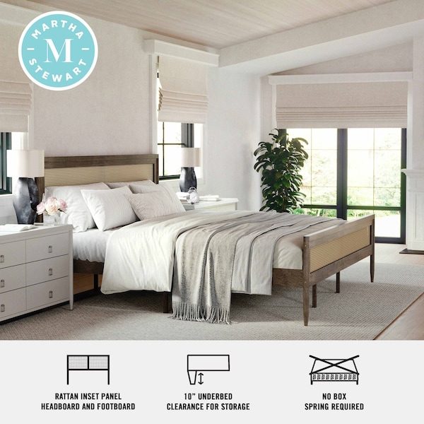 Martha Stewart Jax King Size Solid Wood Platform Bed w/Rattan Headboard and Footboard, Brown Gray - MG-090022-K-WOAK-MS