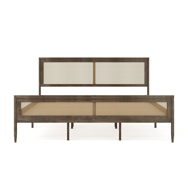 Martha Stewart Jax King Size Solid Wood Platform Bed w/Rattan Headboard and Footboard, Brown Gray - MG-090022-K-WOAK-MS