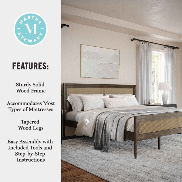 Martha Stewart Jax King Size Solid Wood Platform Bed w/Rattan Headboard and Footboard, Brown Gray - MG-090022-K-WOAK-MS