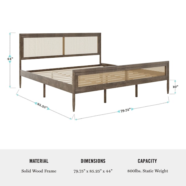 Martha Stewart Jax King Size Solid Wood Platform Bed w/Rattan Headboard and Footboard, Brown Gray - MG-090022-K-WOAK-MS
