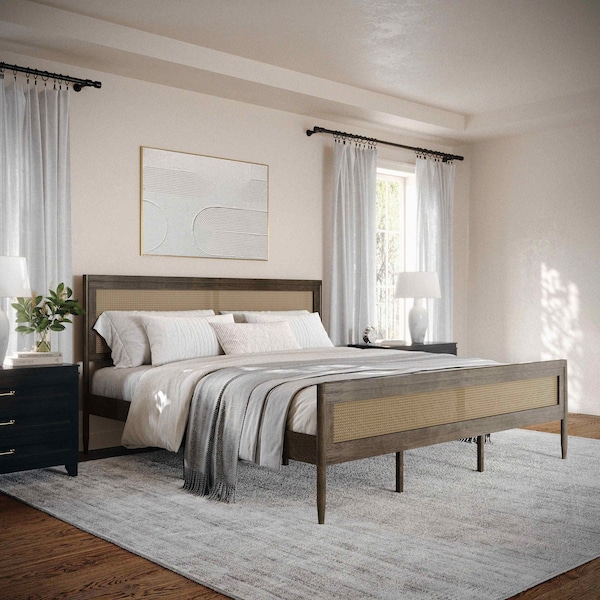 Martha Stewart Jax King Size Solid Wood Platform Bed w/Rattan Headboard and Footboard, Brown Gray - MG-090022-K-WOAK-MS