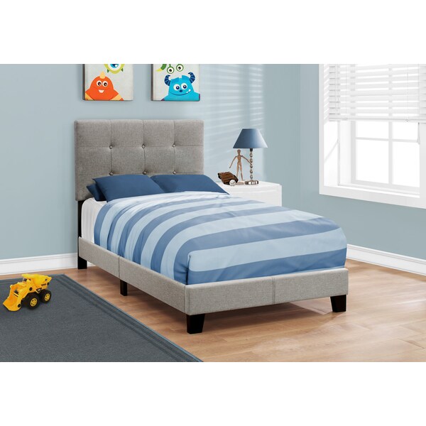 Monarch Specialties Bed, Twin Size, Platform, Teen, Frame, Upholstered, Linen Look, Wood Legs, Grey, Transitional - I 5920T