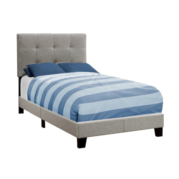 Monarch Specialties Bed, Twin Size, Platform, Teen, Frame, Upholstered, Linen Look, Wood Legs, Grey, Transitional - I 5920T