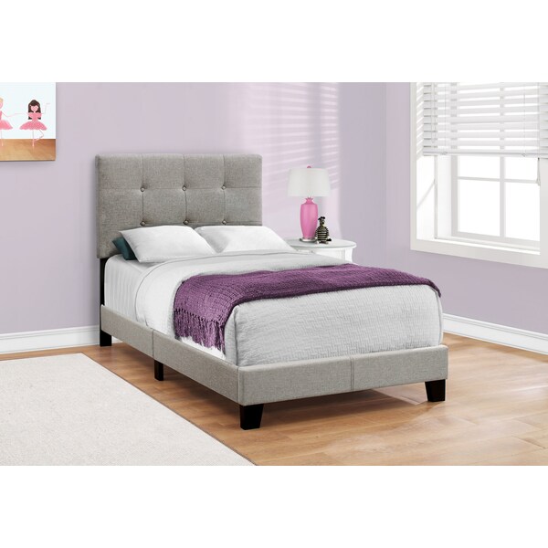 Monarch Specialties Bed, Twin Size, Platform, Teen, Frame, Upholstered, Linen Look, Wood Legs, Grey, Transitional - I 5920T