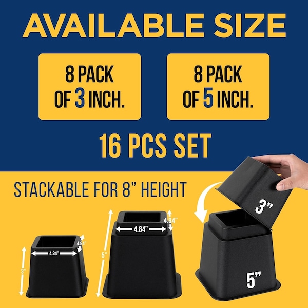 Lifemaster Adjustable Bed Risers, 3in and 5in Heights, Heavy Duty, 1300lbs Support, Black, 16PK - LMBEDBLK16