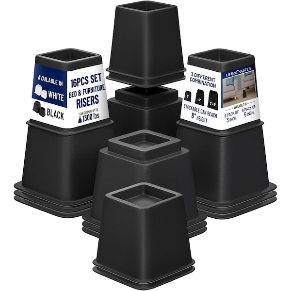 Lifemaster Adjustable Bed Risers, 3in and 5in Heights, Heavy Duty, 1300lbs Support, Black, 16PK - LMBEDBLK16