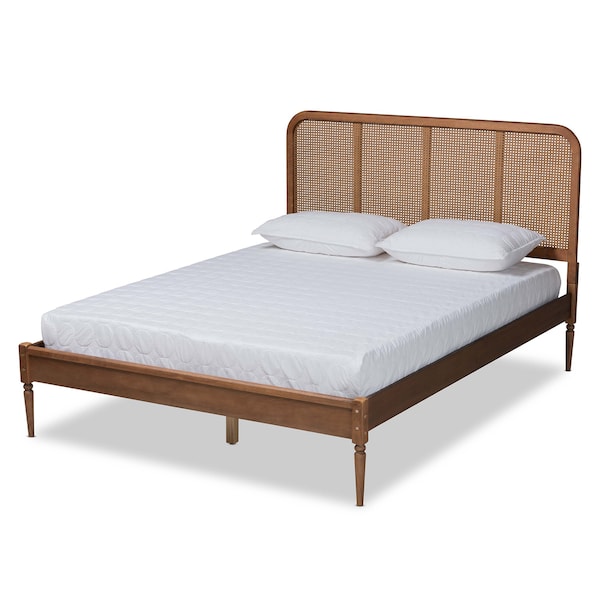 Baxton Studio Elston Mid-Century Walnut Brown Finished Wood and Synthetic Rattan Platform Bed-Queen - 193-11486-ZORO