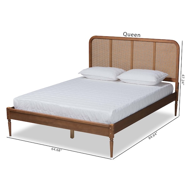 Baxton Studio Elston Mid-Century Walnut Brown Finished Wood and Synthetic Rattan Platform Bed-Queen - 193-11486-ZORO