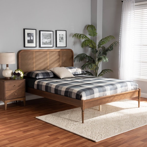 Baxton Studio Elston Mid-Century Walnut Brown Finished Wood and Synthetic Rattan Platform Bed-Queen - 193-11486-ZORO