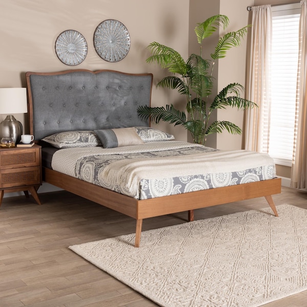 Baxton Studio Hawthorn Classic and Traditional Grey Fabric and Walnut Brown Finished Wood Queen Size Platform Bed - 237-12640-9408-ZORO