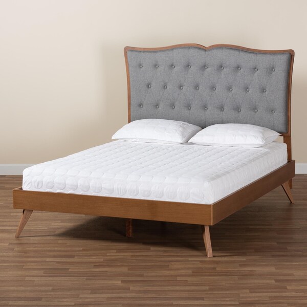 Baxton Studio Hawthorn Classic and Traditional Grey Fabric and Walnut Brown Finished Wood Queen Size Platform Bed - 237-12640-9408-ZORO