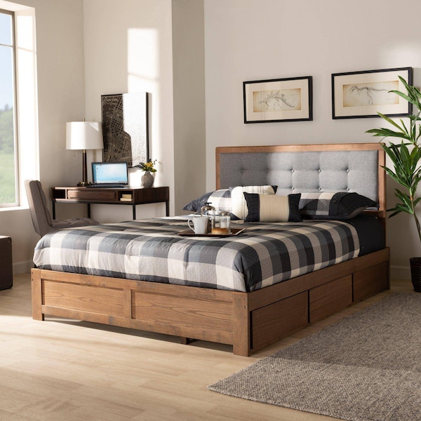 Baxton Studio Lene Modern Dark Grey Fabric and Ash Walnut Brown Finished Wood Full Size 3-Drawer Storage Bed - 175-9431-9620-ZORO