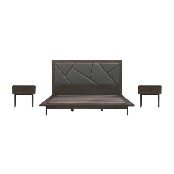 Armen Living Marquis 3 Piece King Size Platform Bed Frame Bedroom Set in Oak Wood with Faux Leather Headboard - SETMUBDGRKG3A