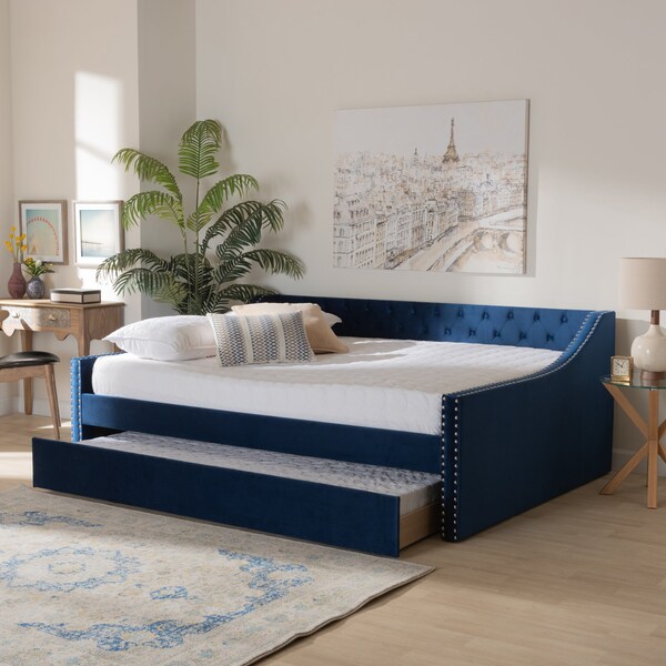 Baxton Studio Raphael Modern and Contemporary Navy Blue Velvet Fabric Queen Size Daybed with Trundle - 187-11477-ZORO
