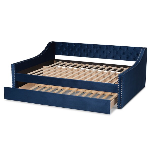 Baxton Studio Raphael Modern and Contemporary Navy Blue Velvet Fabric Queen Size Daybed with Trundle - 187-11477-ZORO