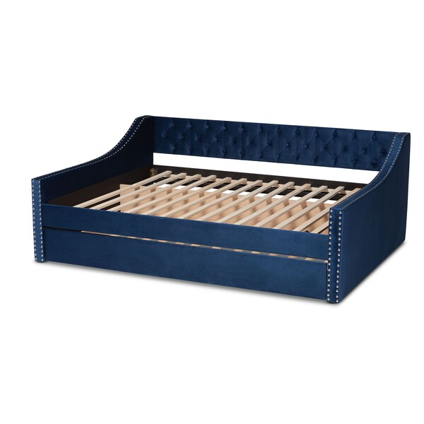 Baxton Studio Raphael Modern and Contemporary Navy Blue Velvet Fabric Queen Size Daybed with Trundle - 187-11477-ZORO