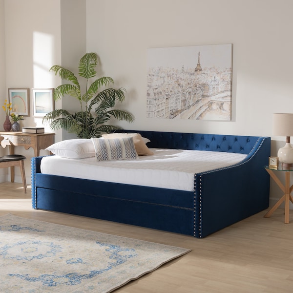 Baxton Studio Raphael Modern and Contemporary Navy Blue Velvet Fabric Queen Size Daybed with Trundle - 187-11477-ZORO