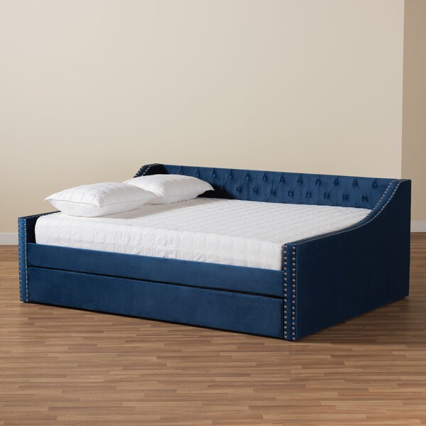 Baxton Studio Raphael Modern and Contemporary Navy Blue Velvet Fabric Queen Size Daybed with Trundle - 187-11477-ZORO