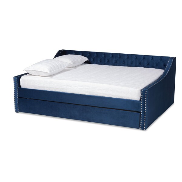 Baxton Studio Raphael Modern and Contemporary Navy Blue Velvet Fabric Queen Size Daybed with Trundle - 187-11477-ZORO