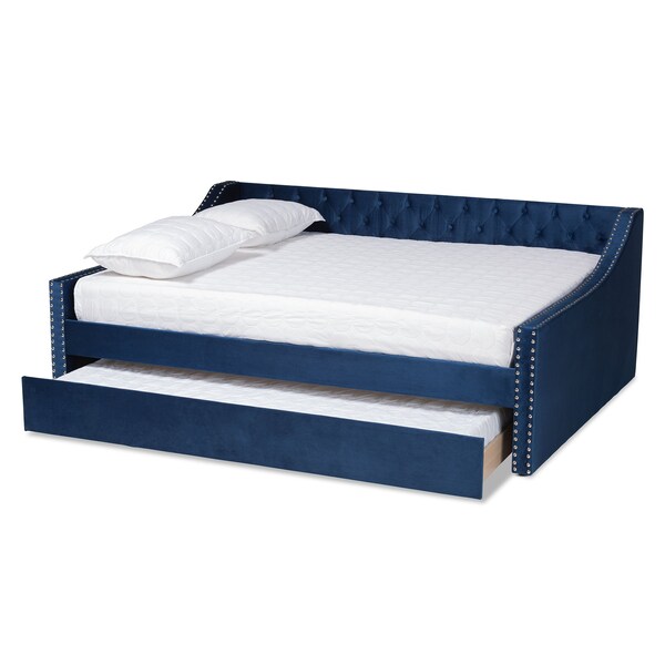 Baxton Studio Raphael Modern and Contemporary Navy Blue Velvet Fabric Queen Size Daybed with Trundle - 187-11477-ZORO