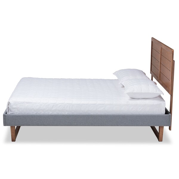 Baxton Studio Gabriela Grey Upholstered and Ash Walnut Wood Queen Size Platform Bed - 164-9414-9426