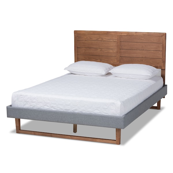 Baxton Studio Gabriela Grey Upholstered and Ash Walnut Wood Queen Size Platform Bed - 164-9414-9426