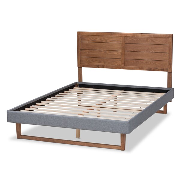 Baxton Studio Gabriela Grey Upholstered and Ash Walnut Wood Queen Size Platform Bed - 164-9414-9426