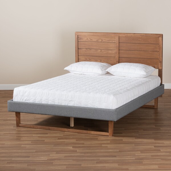 Baxton Studio Gabriela Grey Upholstered and Ash Walnut Wood Queen Size Platform Bed - 164-9414-9426