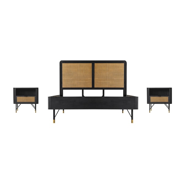 Armen Living Saratoga 3 Piece Queen Bedroom Set in Black Acacia Wood and Rattan - SETSRBDQN3A