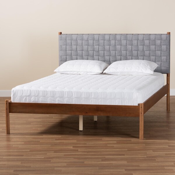 Baxton Studio Estela Mid-Century Modern Grey Woven Fabric and Walnut Brown Wood Queen Size Platform Bed - 245-13445-ZORO