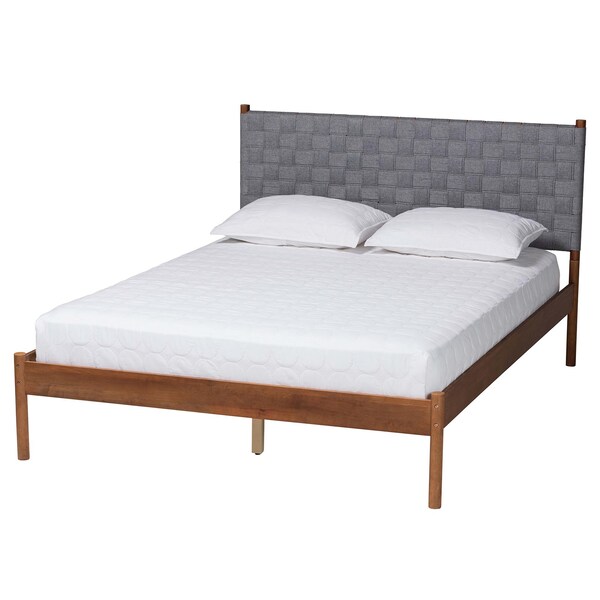 Baxton Studio Estela Mid-Century Modern Grey Woven Fabric and Walnut Brown Wood Queen Size Platform Bed - 245-13445-ZORO